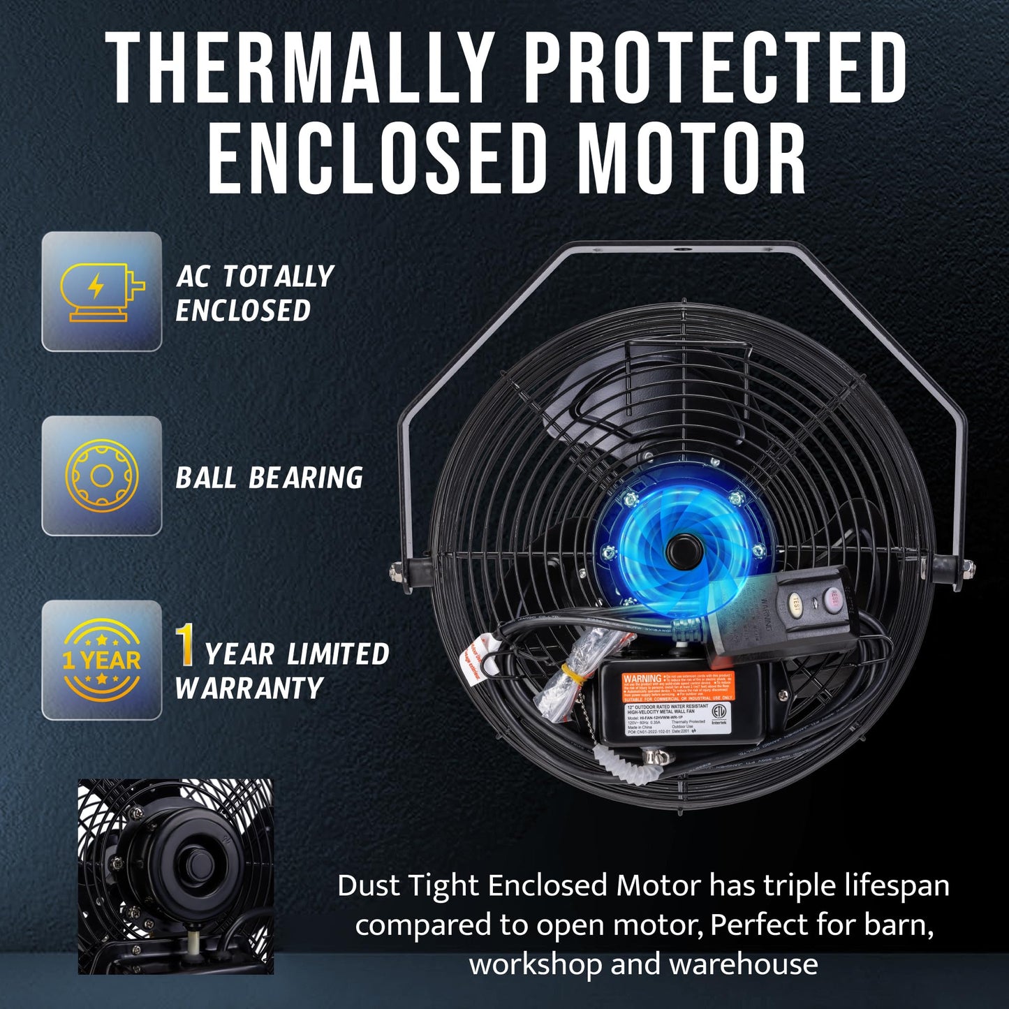 Tornado 12 Inch Outdoor Water-Resistant Wall Mounted Fan IPX4 Rated 3 Speed High Velocity Meatl Wall Fan For Commercial, Industrial, Residential, 6.6