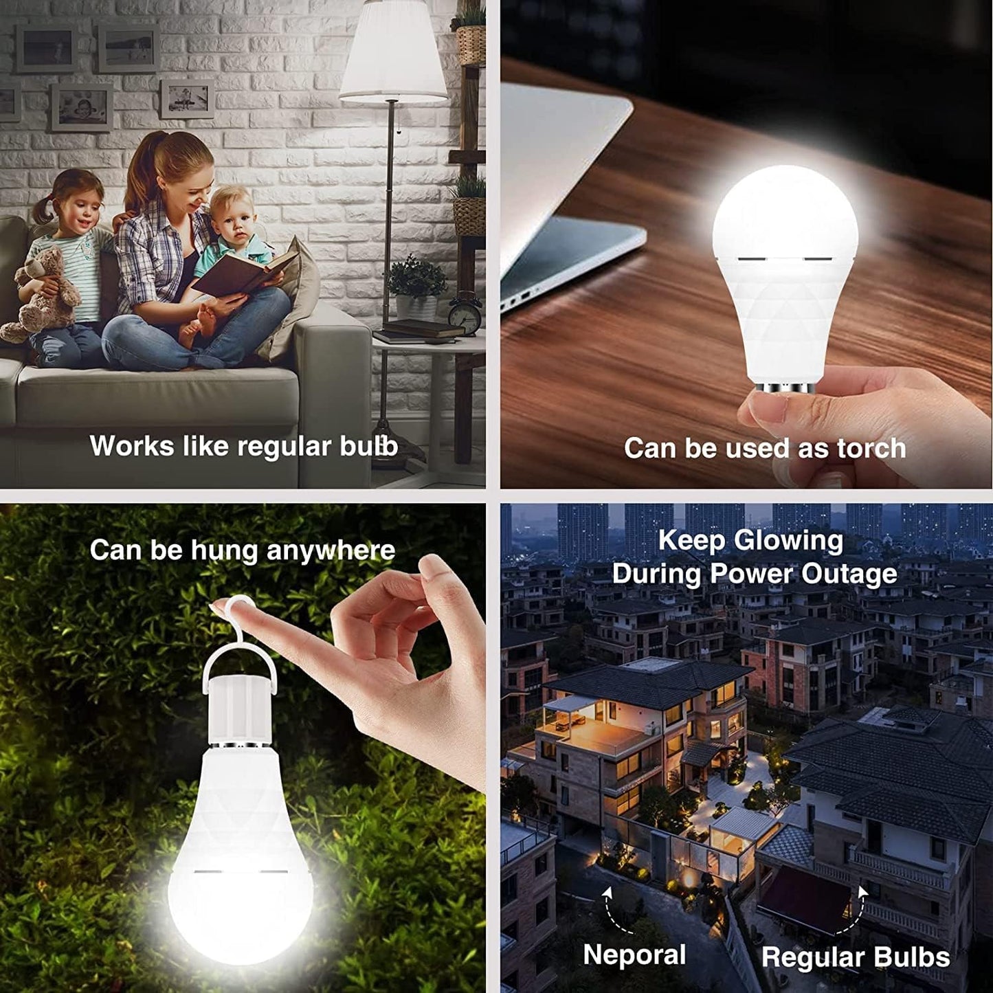 Neporal A19 Rechargeable Light Bulbs Emergency Light Bulb for Power Outages, Led Bulb 60 Watt Equiv., Self-Charging Light Bulb 1200mAh Battery Backup