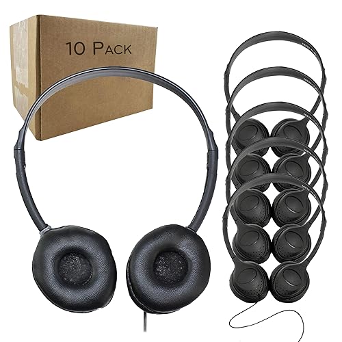 Soundnetic SN313 Bulk Classroom Headphones 10 Pack - Over The Head Stereo Headphones with Leatherette Earpads, Black - Ideal for Schools