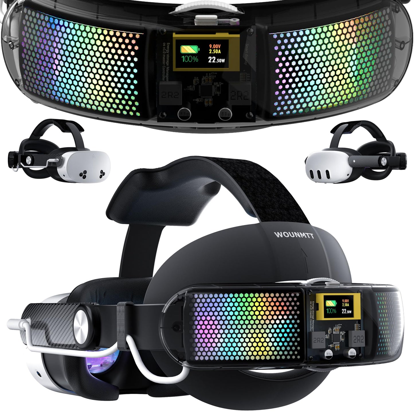 WOUNMTT Head Strap with 10000mAh Battery for Meta Quest 3/3S - Transparent RGB Lighting, Smart Power Display & Carbon Fiber Finish, Adjustable VR