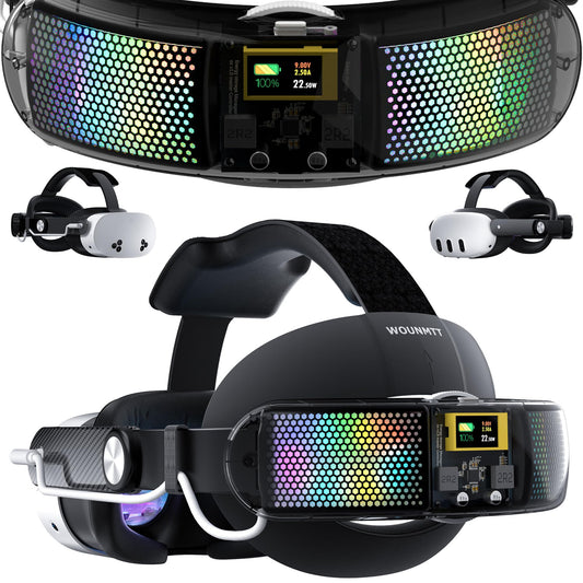 WOUNMTT Head Strap with 10000mAh Battery for Meta Quest 3/3S - Transparent RGB Lighting, Smart Power Display & Carbon Fiber Finish, Adjustable VR