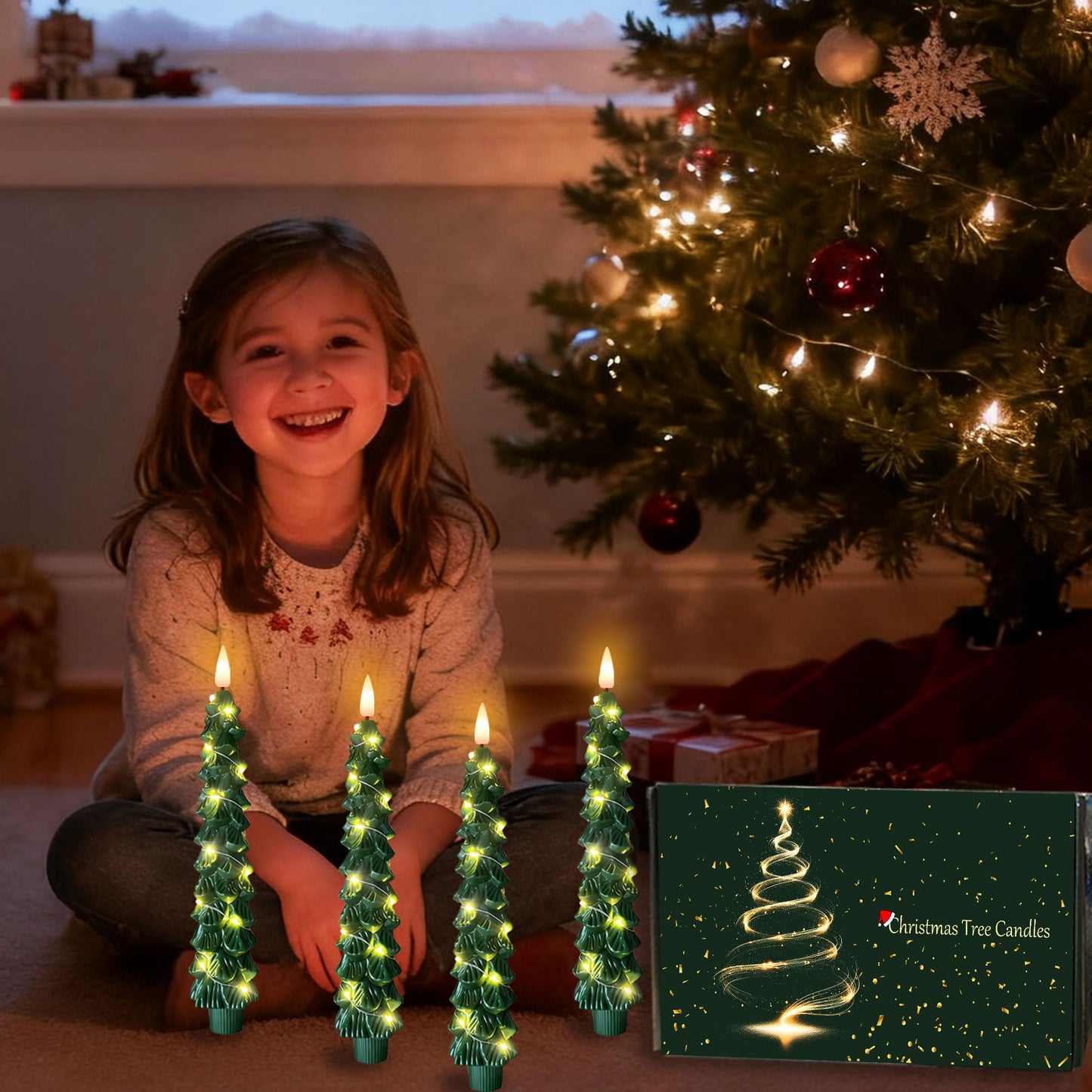 Christmas Tree Taper Candles with Flickering String Lights, 7.9 Inch Flameless Candles with Remote Timer, 2 modes Battery Operated Candle for Table