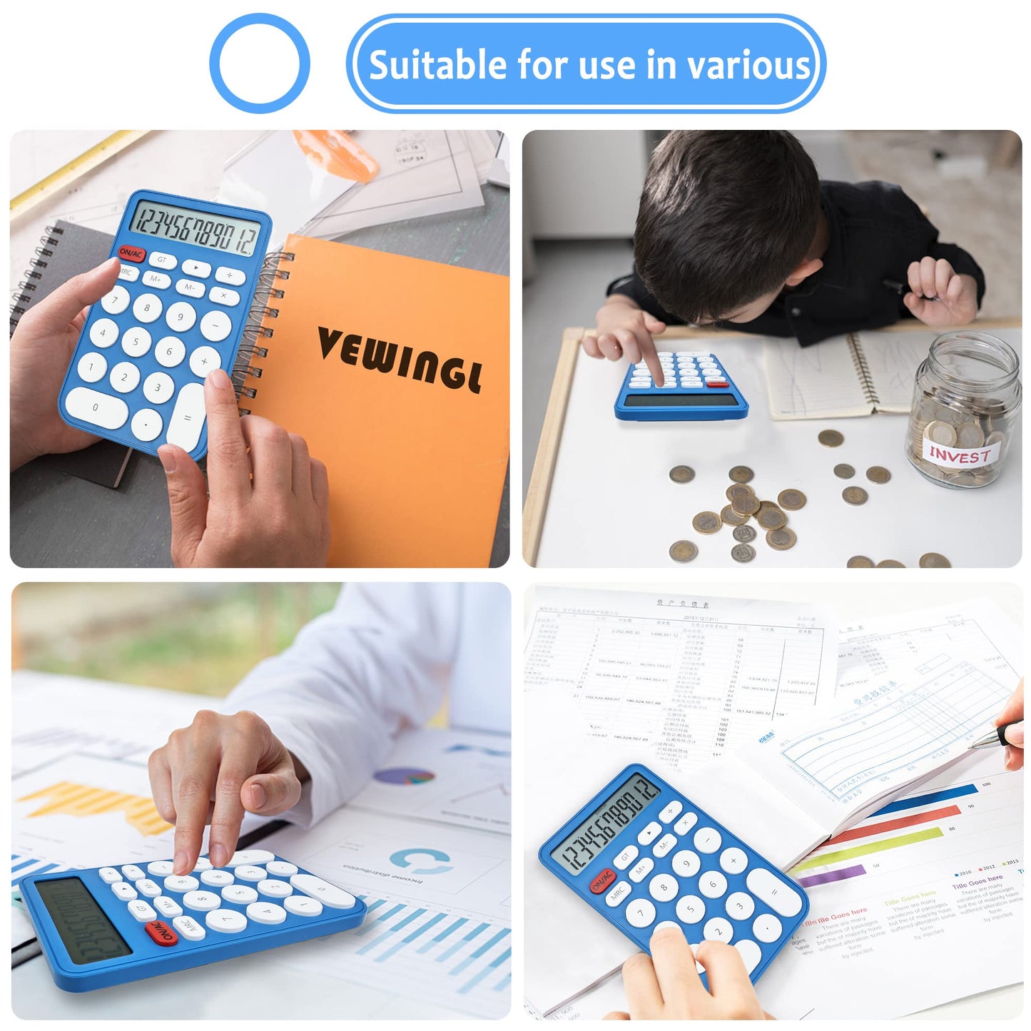 VEWINGL Standard Calculator, 12 Digit Large Display Desktop Calculator with Big Buttons for Office, School, Home & Business