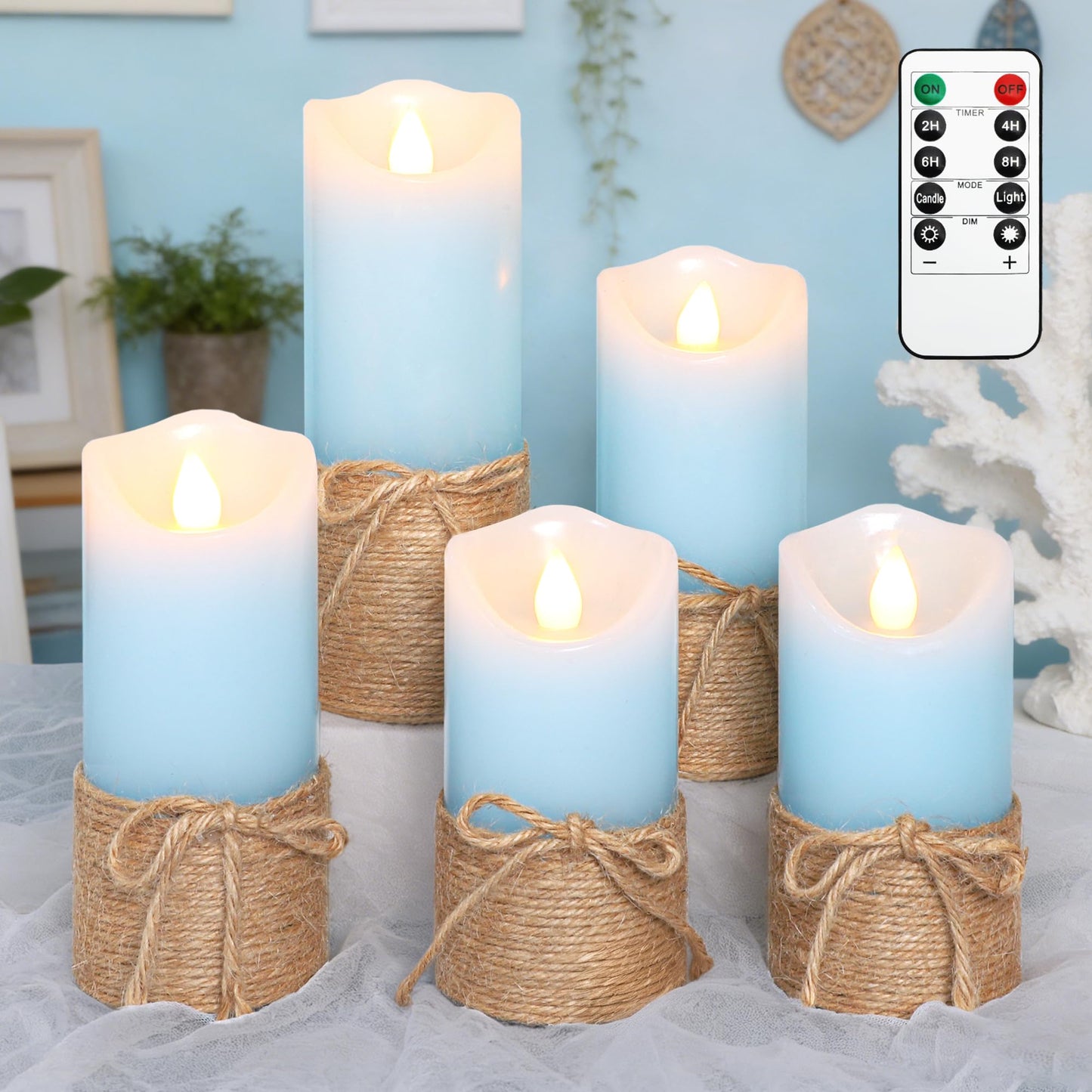 Crystal Club Blue Flameless Candles, Set of 5 Battery Operated LED Pillar Candles with Timer, Real Wax Candle Set with Remote for Home Bedroom Décor