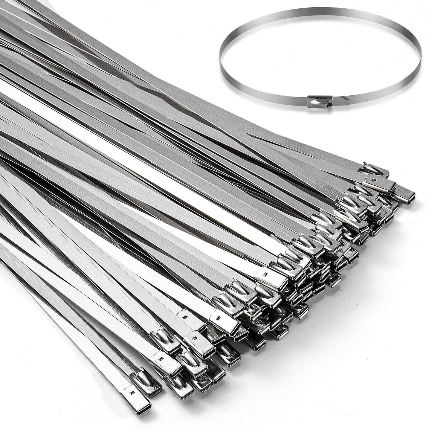100PCS 11.8Inch Metal Cable Zip Ties - 304 stainless steel Heavy Duty Self-locking Cable Wire Tie Wrap for Fence Exhaust Wrapping Car Outdoor Canopy