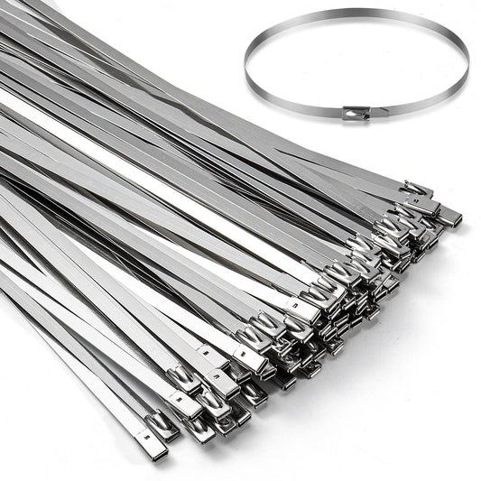 100PCS 11.8Inch Metal Cable Zip Ties - 304 stainless steel Heavy Duty Self-locking Cable Wire Tie Wrap for Fence Exhaust Wrapping Car Outdoor Canopy
