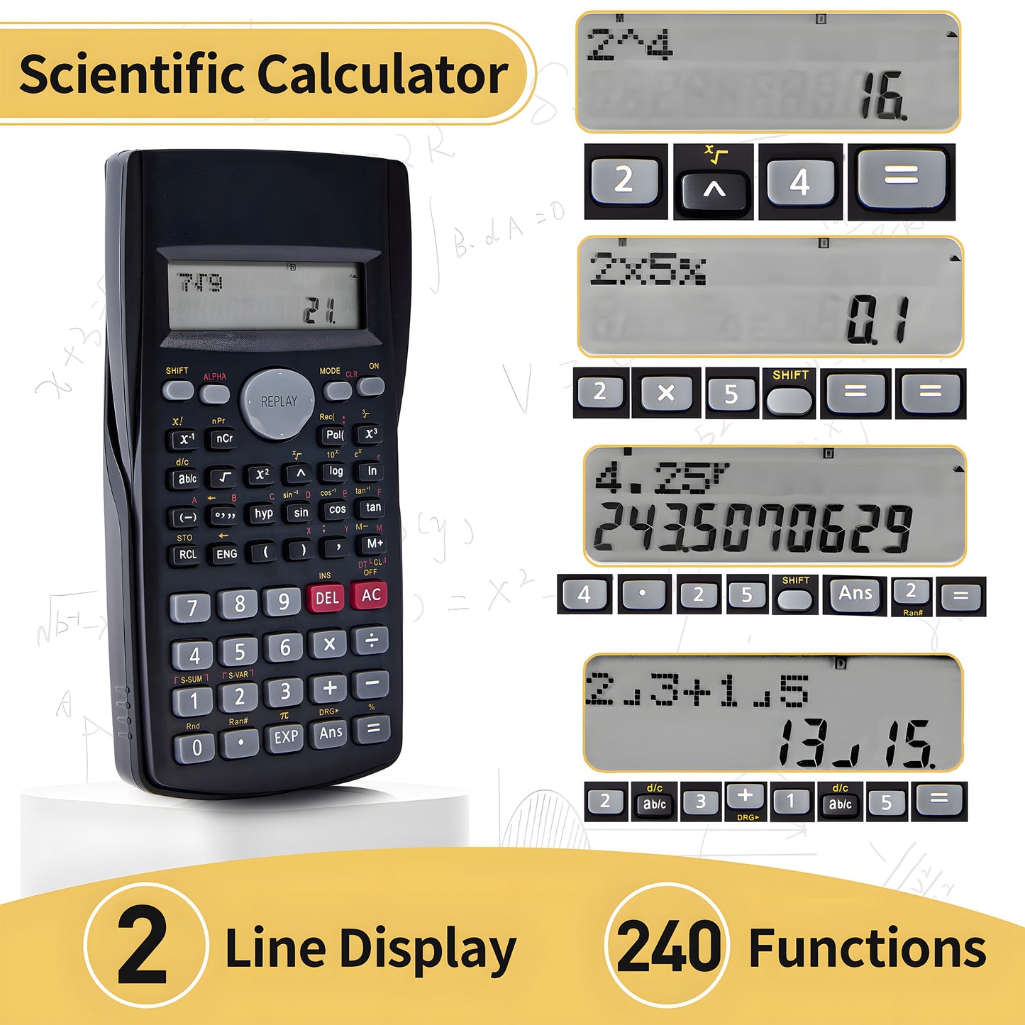 Scientific Calculator 2 Pack,2-Line Clear Display 240 Functions Basic Calculator AAA Battery Operated for Math Algebra Fraction Non Graphing Auto