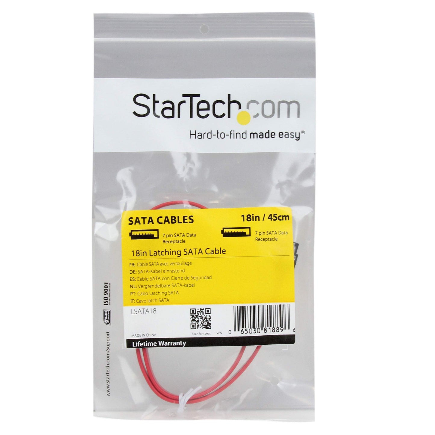 StarTech.com 18in Latching SATA Cable - SATA Cable - Serial ATA 150/300/600 - SATA (R) to SATA (R) - 1.5 ft - latched - red - LSATA18