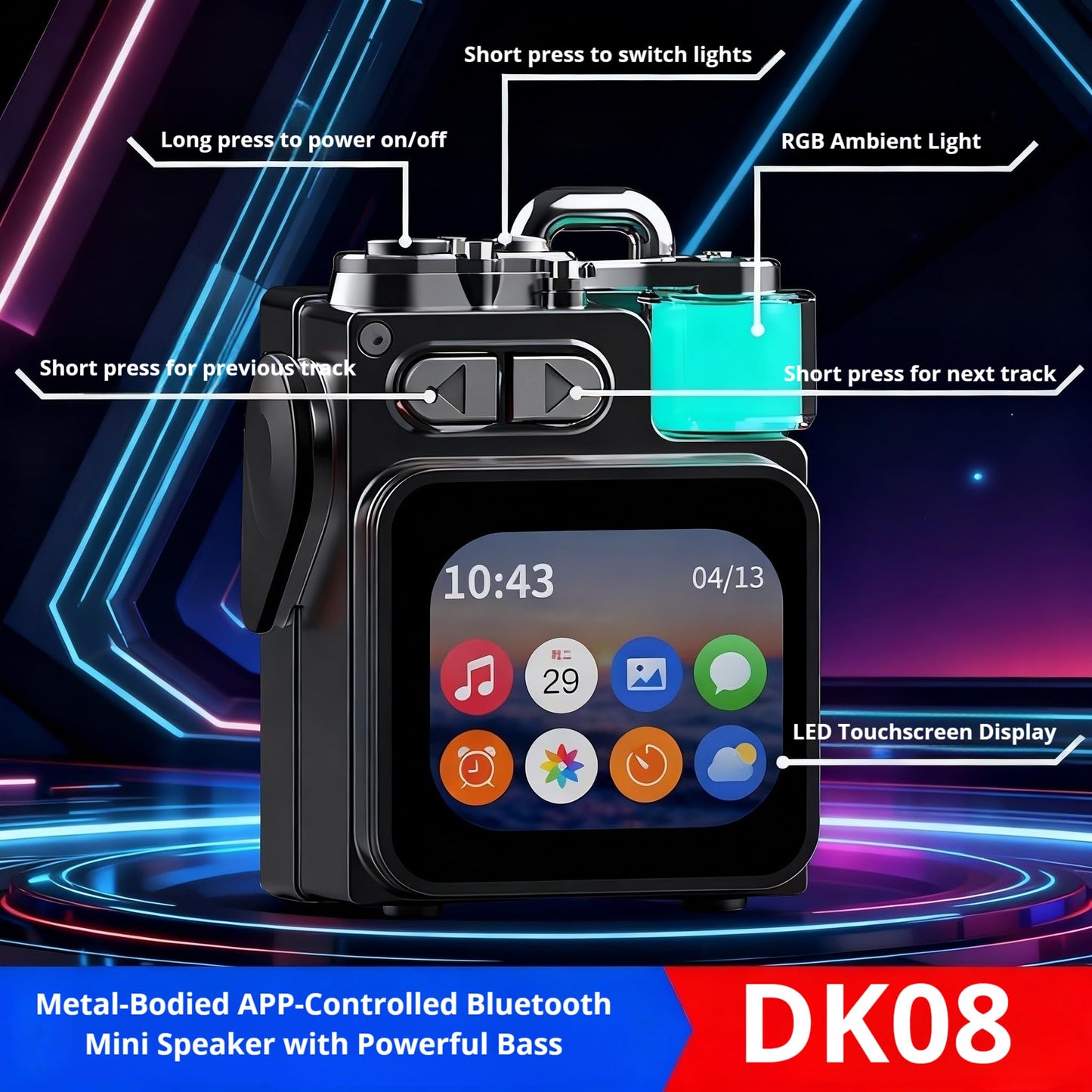 HaKaDeBe Portable RGB Gaming Speaker, LED Display, Bluetooth 5.4, 10W Output, IPX5 Waterproof, 4000mAh Battery, Black (RGB Version with Color Screen)