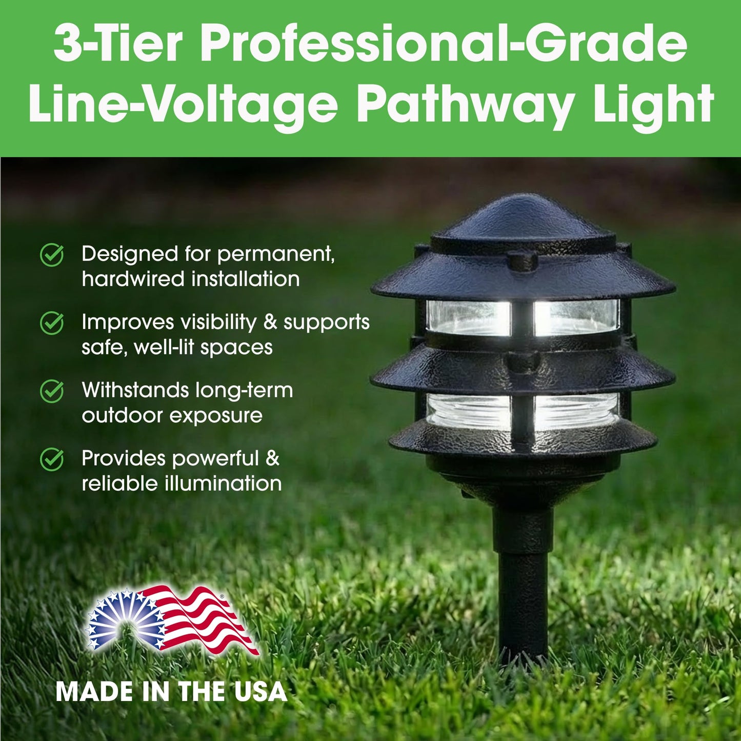 Greenfield Made in the USA Weatherproof Line-Voltage (120V) LED Outdoor Pathway Light - 3-Tier Permanent Outside Light for Walkway, Driveway