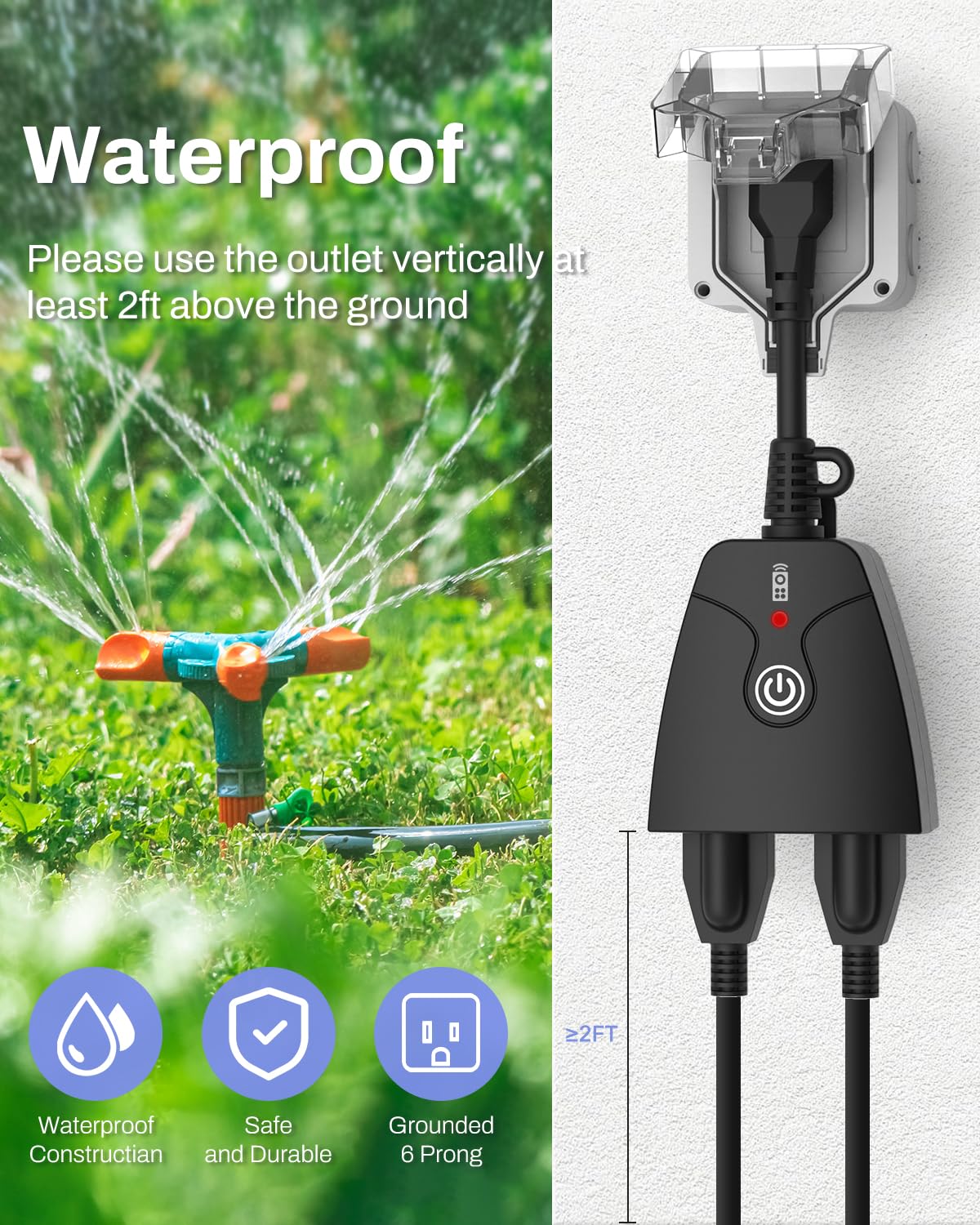 HBN Outdoor Wireless Remote Control Outlet Plug,Weatherproof Heavy Duty Power Strip,Indoor Electrical Plugs for Light Switch,6-inch Cord,100ft Range