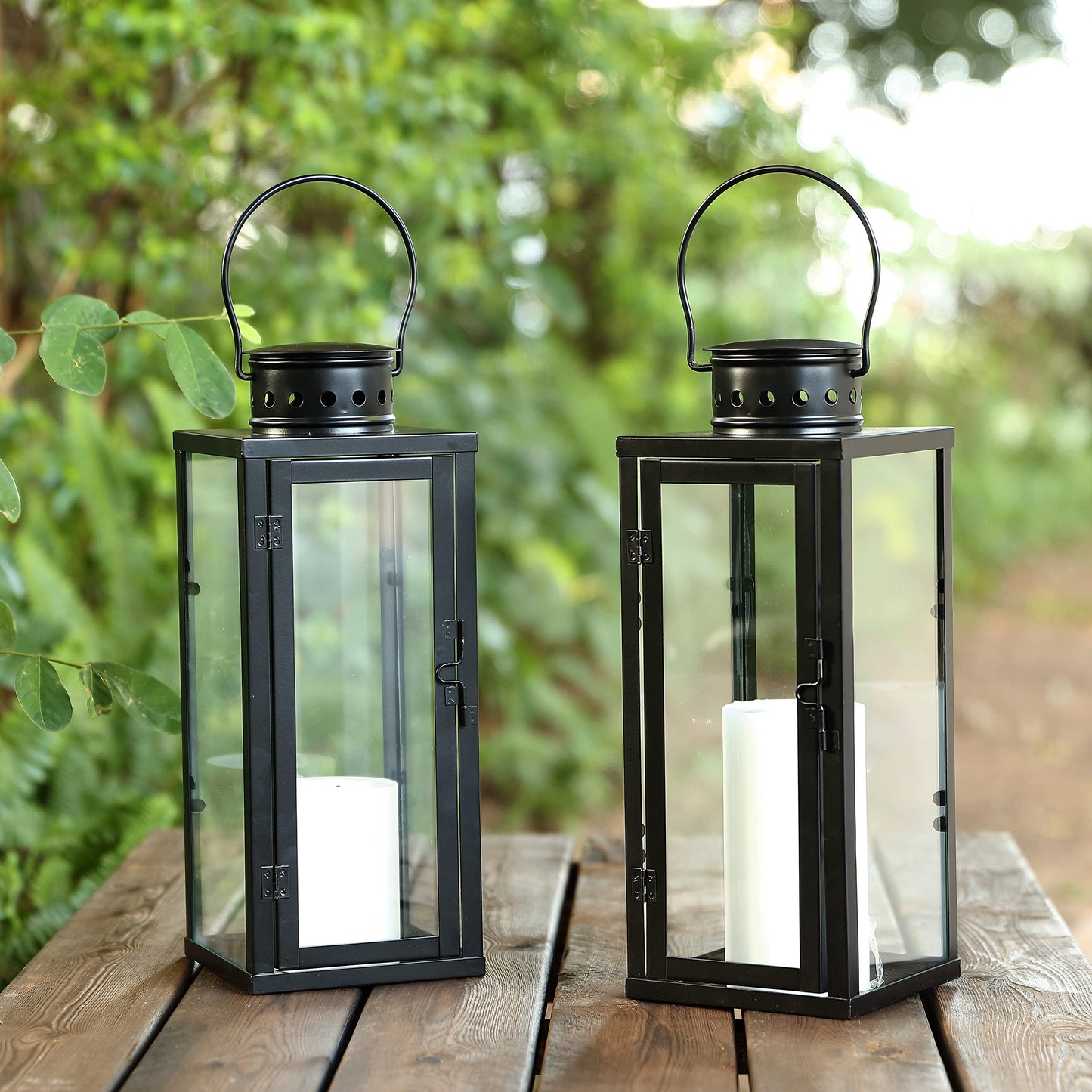 SAFAVIEH Lighting Collection Lorient Large Black/Clear Glass Decorative Outdoor Lantern Set of 2