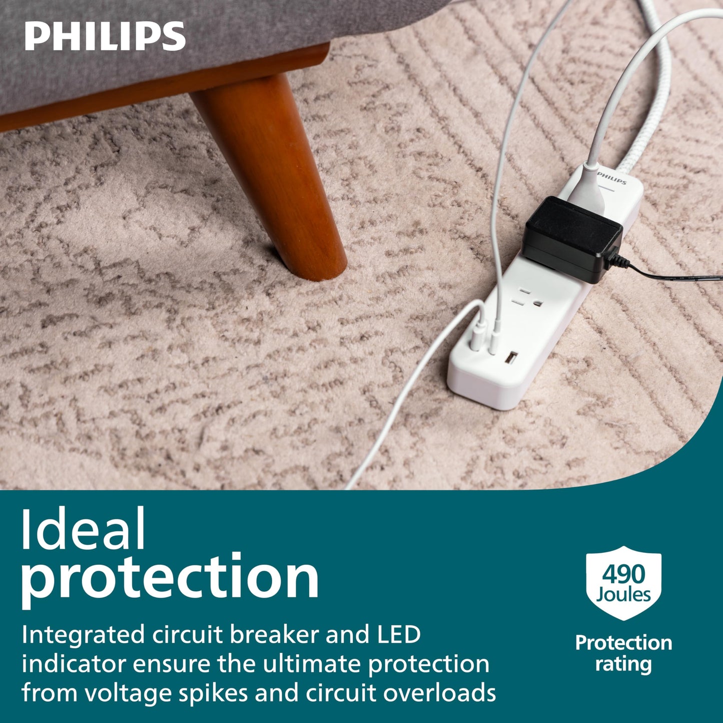 Philips EZFit 3-Outlet Adapter-Spaced Surge Protector, 6ft Braided Cord, Power Strip, Extension Cord with 2 USB-A and 1 USB-C, 490J, White