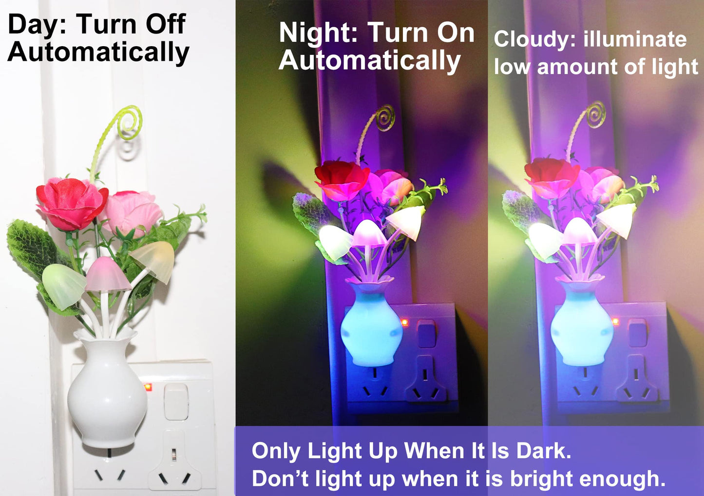 2Pack Plug in LED Night Light w/Auto Dusk to Dawn Sensor,AUSAYE 0.5W Energy Saving Lamp Dream Nightlight Rose Flower Mushroom Lights for Kids Adults