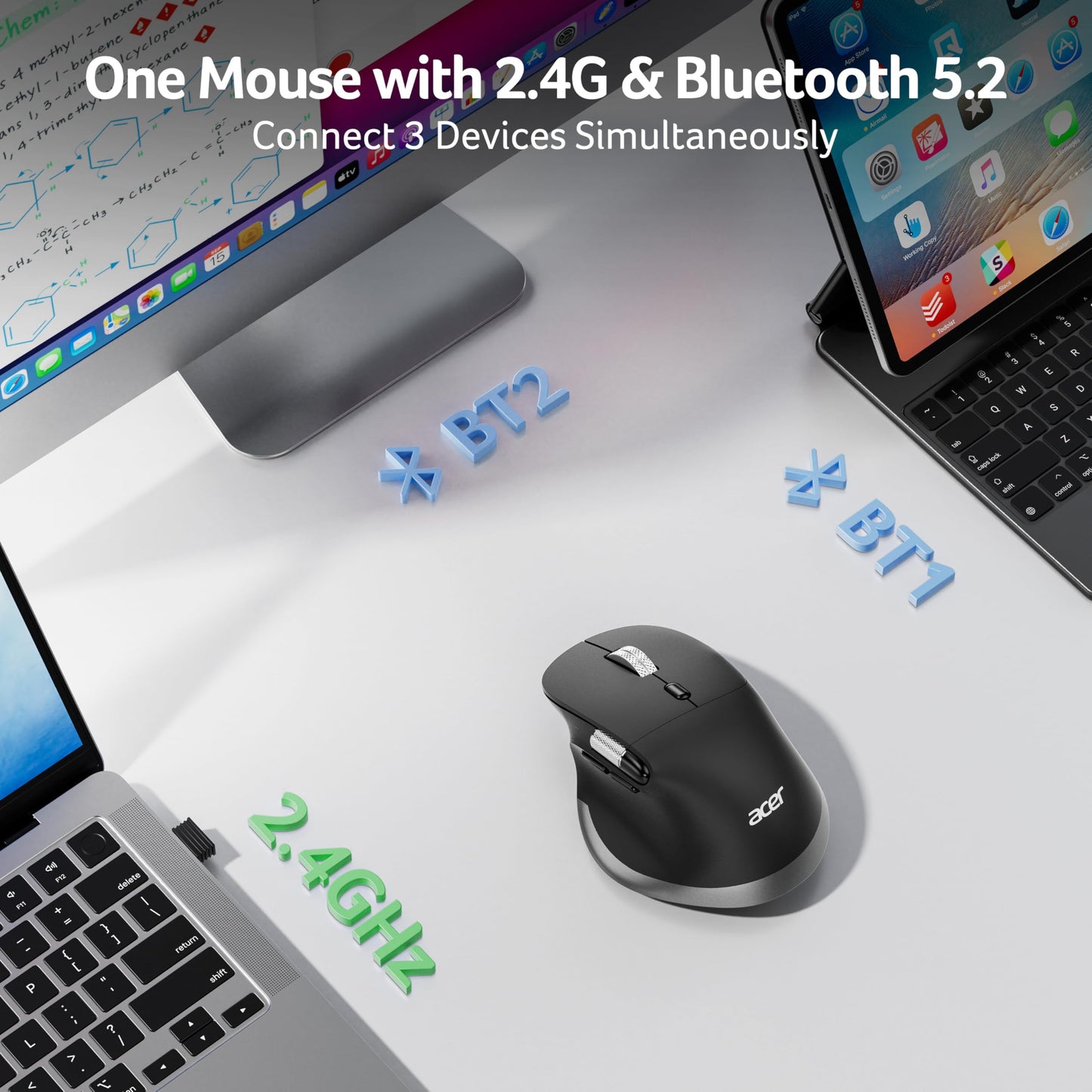 acer Ergonomic Mouse Wireless Rechargeable with Side Scroll (BT5.2+2.4GHz), Bluetooth Computer Mouse for Laptop, Medium to Large Sized Hands, Office
