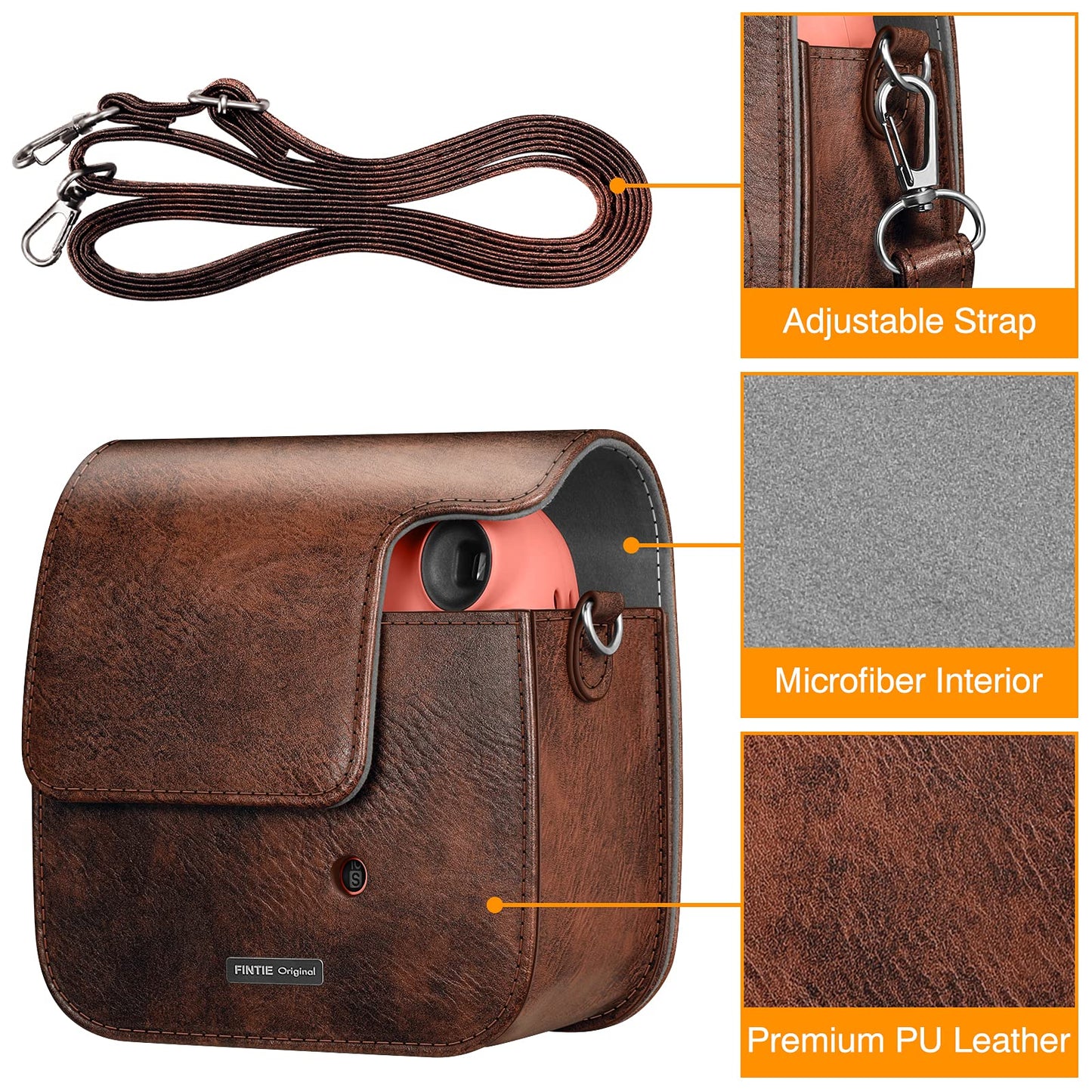 Fintie Protective Case for Fujifilm Instax Mini 7+ Instant Camera - Premium Vegan Leather Bag Cover with Removable Adjustable Strap, Vintage Brown