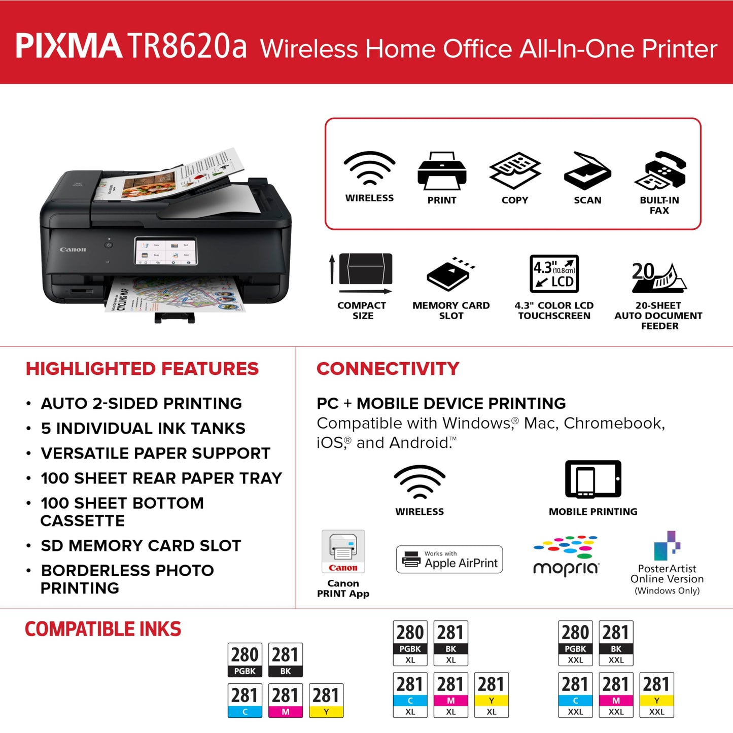 Canon PIXMA TR8620a - All-in-One Printer Home Office|Copier|Scanner|Fax|Auto Document Feeder | Photo, Document | Airprint (R), Android, Black, Works