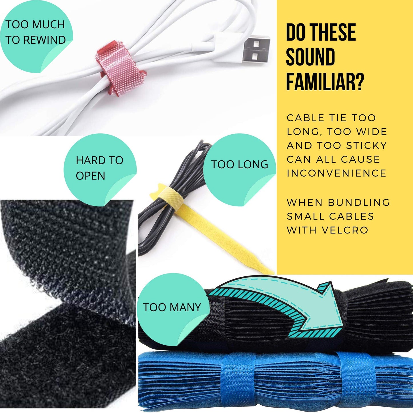 RIP-TIE Mini 1/4" x 3-1/2" Cable Tie Perfect for USB Cable, Earbud Cords, Cell Phone Cord 56 Pack Black
