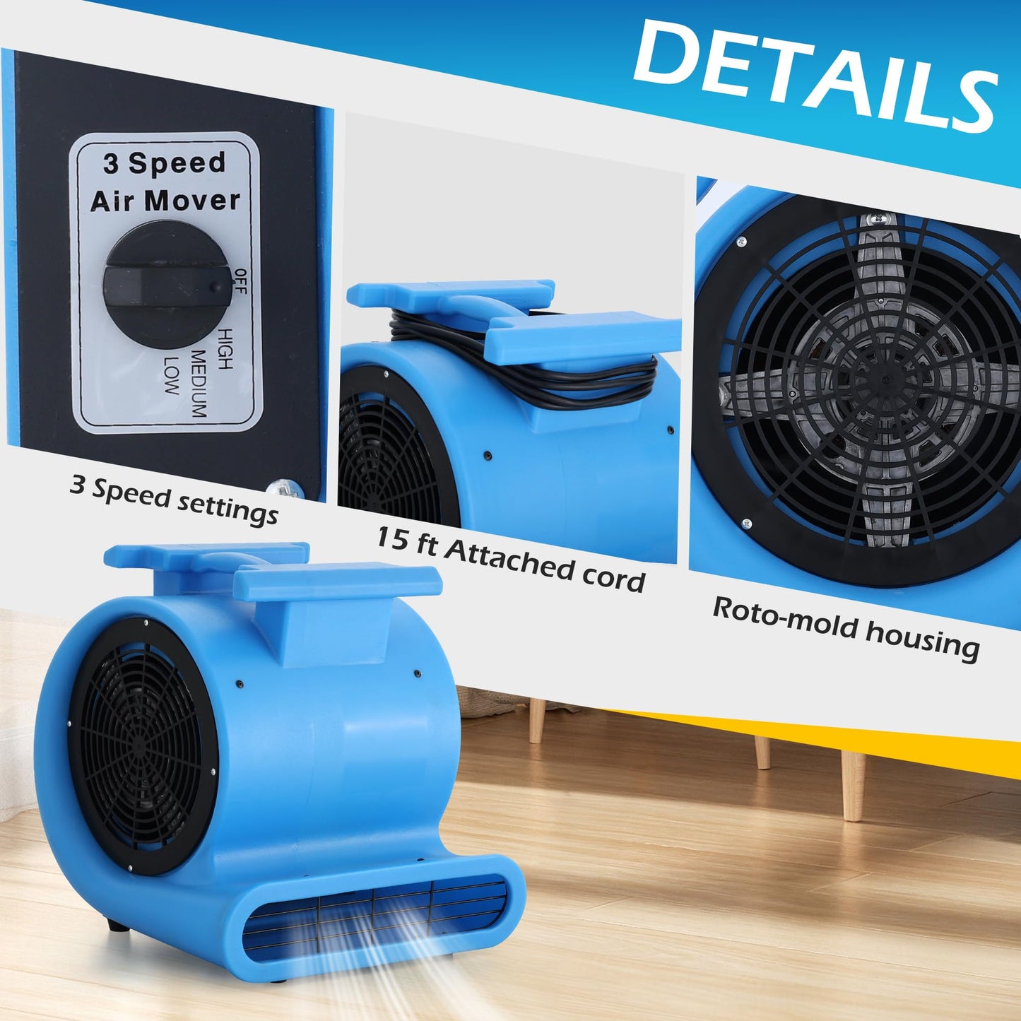 RYNSTO Commercial 1 HP Air Mover Fan for Water Damage Restoration,4000 CFM Industrial Carpet Dryer, Blower Fans,3-Speed Floor Fan with Daisy Chain