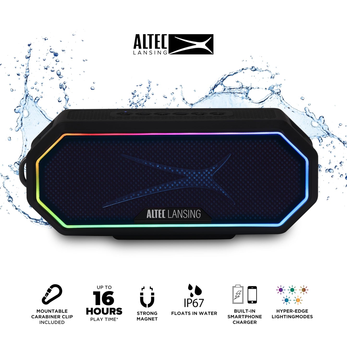 Altec Lansing Magnetic Bluetooth Speaker HYDRAJOLT 2.0, Waterproof IP67, 12W Output Power, 16H Battery, Multicolor LED, 100ft Wireless Range, Voice
