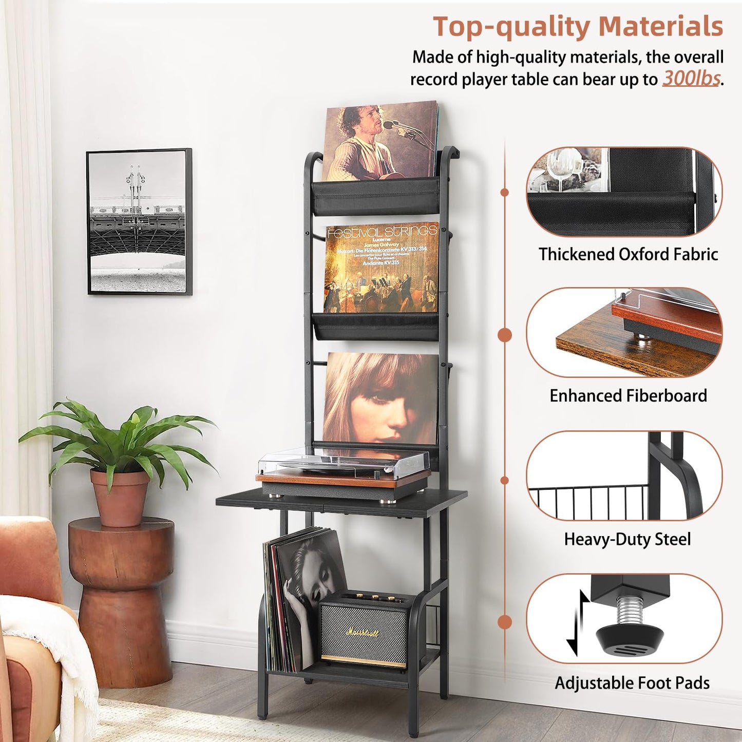 Record Player Stand with Vinyl Storage for up to 200 Albums, Turntable Stand with Record Holder Display Shelf