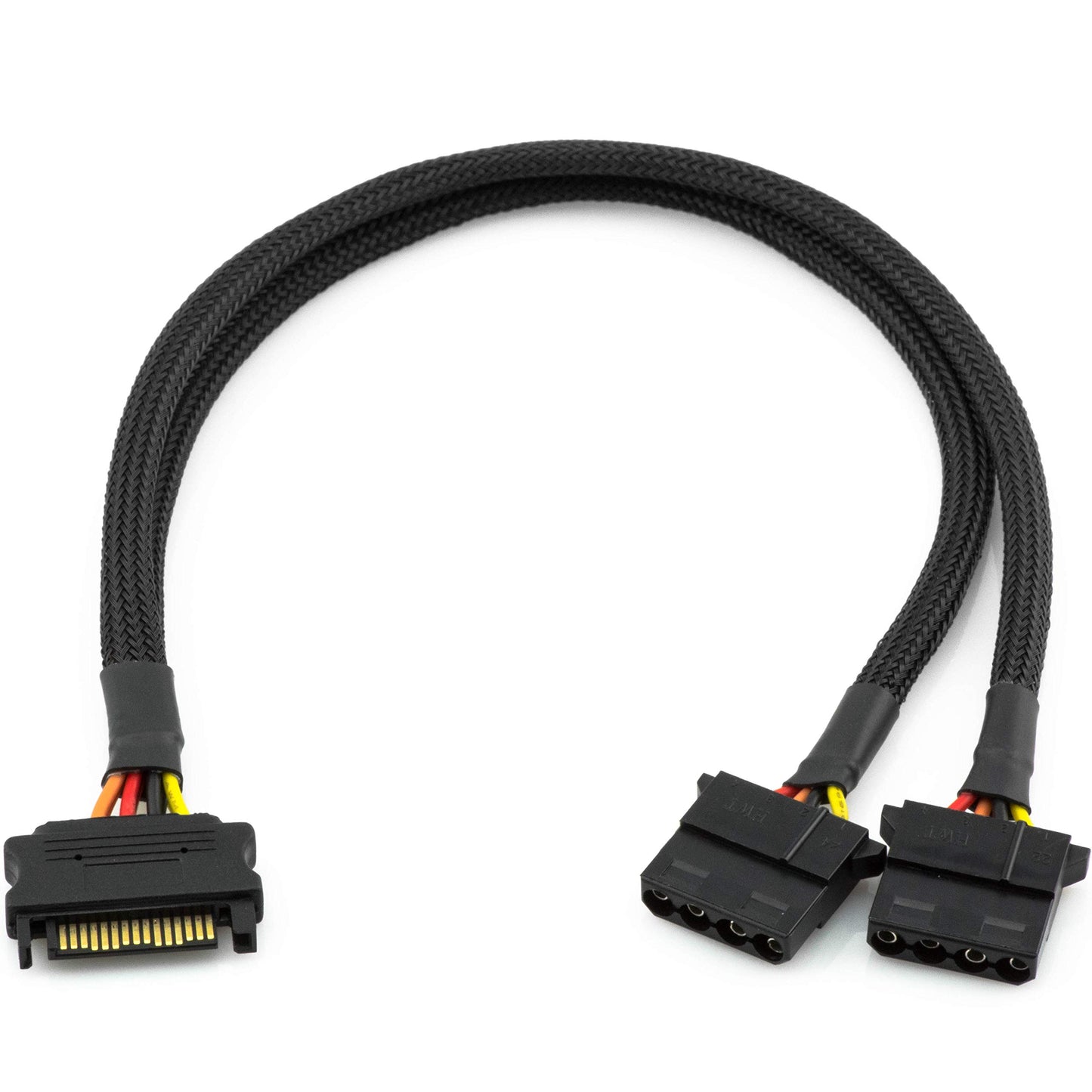 CRJ 12-inch (30cm) SATA to Dual Molex Power Adapter Cable - Black Sleeved, Power Two Peripheral Devices with a 15-Pin SATA Connection