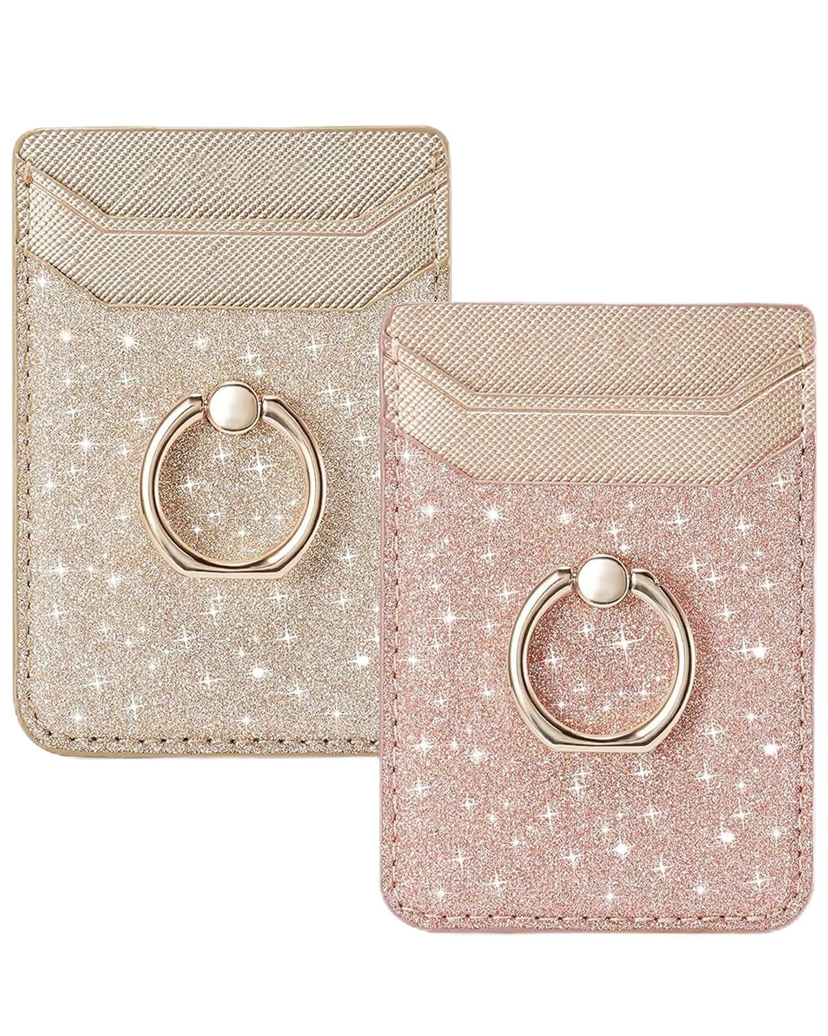 BIAJIYA Phone Card Holder Stick on Back of Phone Case, RFID-Blocking Sticky Phone Wallet with Ring Grip Stand, Glitter Adhesive Phone Card Wallet
