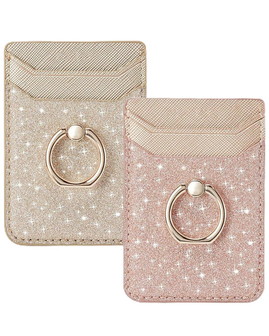 BIAJIYA Phone Card Holder Stick on Back of Phone Case, RFID-Blocking Sticky Phone Wallet with Ring Grip Stand, Glitter Adhesive Phone Card Wallet