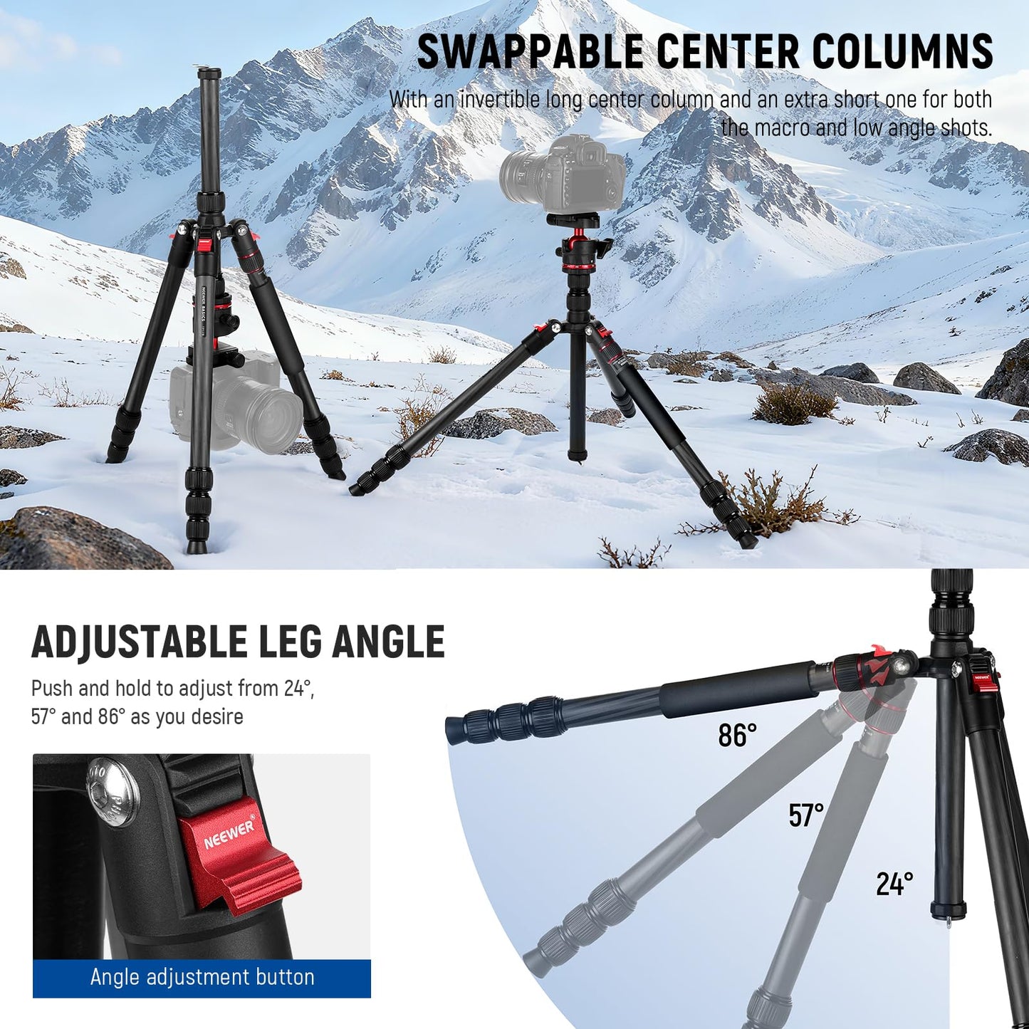 NEEWER Basics Carbon Fiber Travel Tripod Monopod, 64" Compact Lightweight Portable Camera Cell Phone Holder Stand Compatible with iPhone Video