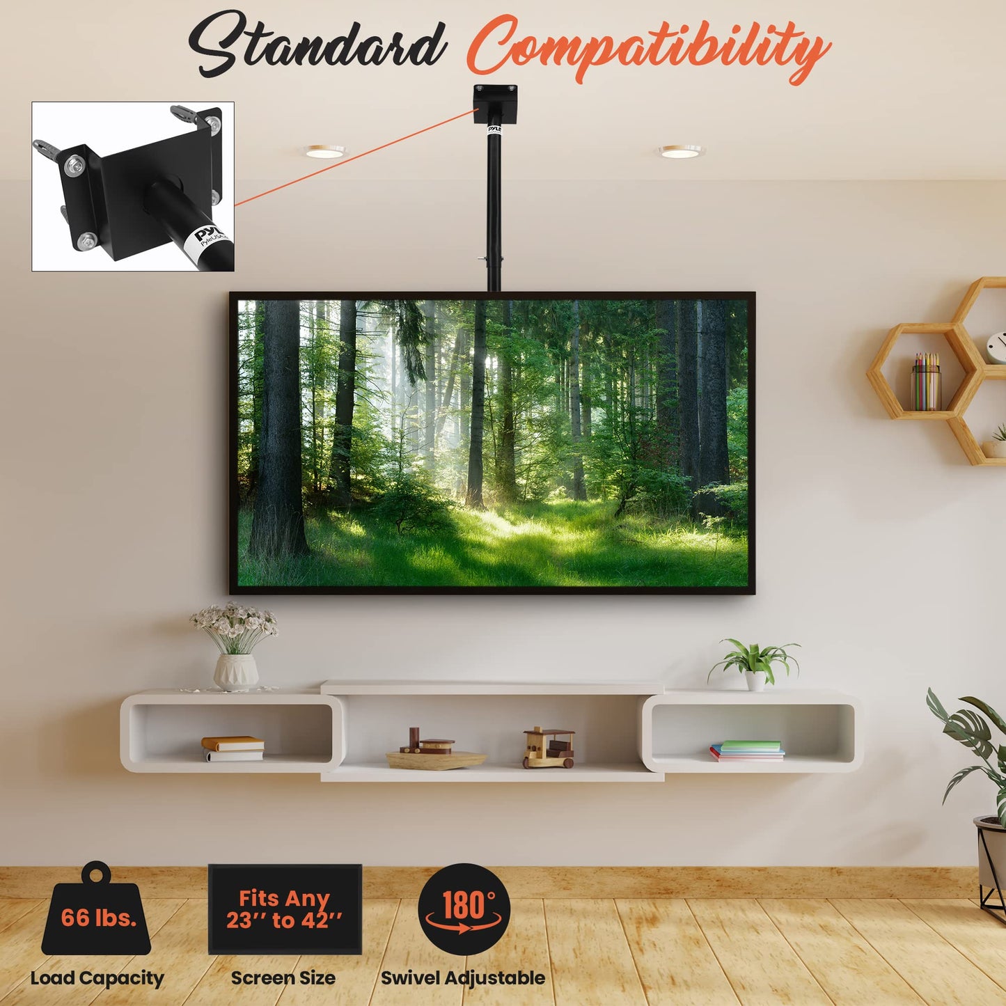 Pyle Universal TV Ceiling Mount for 23-42” Screens, Tilt & Swivel Adjustable, Height Adjustable Bracket, VESA Compatible, Heavy-Duty Mounting Hardware