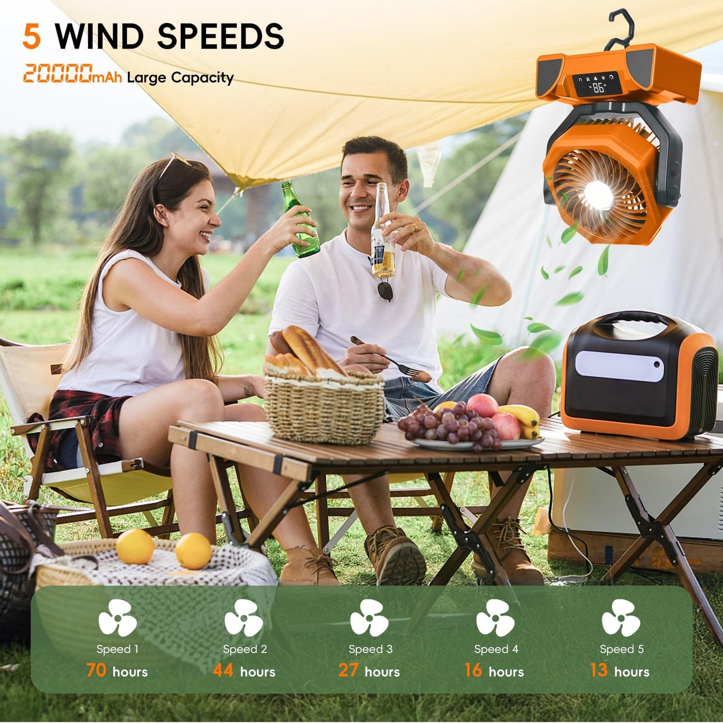 Portable Camping Fan, 20000mAh Rechargeable Battery Operated with LED Light