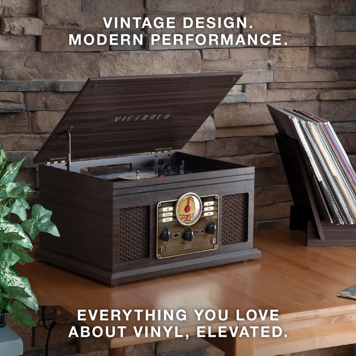 Victrola The Quincy 6-in-1 Bluetooth Record Player & Multimedia Center with Built-in Speakers - 3-Speed Turntable, CD & Cassette Player, FM Radio