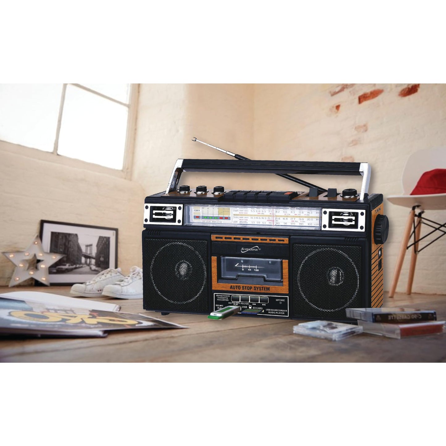 Supersonic SC-3201BT 4 Band Radio & Cassette Player Boombox, Bluetooth Speaker, AM/FM/SW Radio with MP3 Playback, USB & SD Card, 3 Band EQ