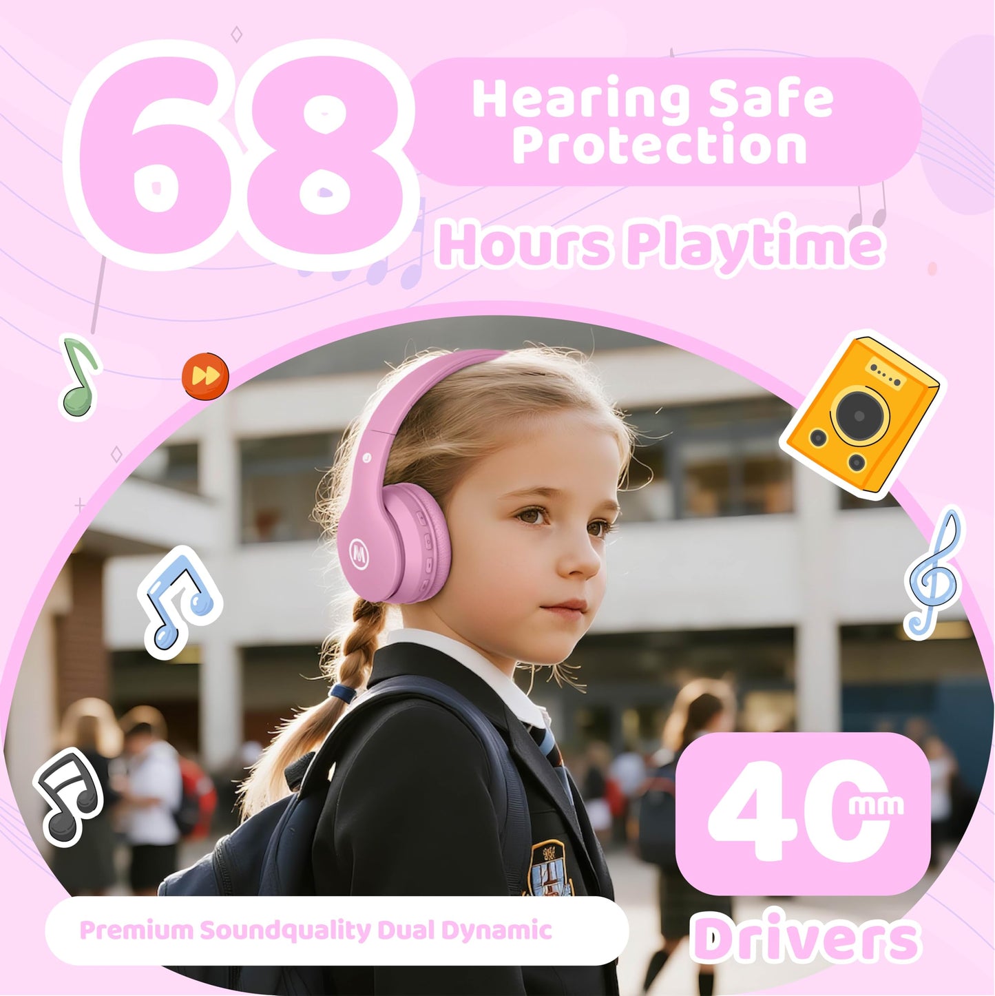 Mokata Headphones Kids Bluetooth 5.4 Wireless Play Time 68H Safe Volume Limit 85/94dB Over-Ear Foldable Headset,Fast Charging,with Aux Cord Built-in…