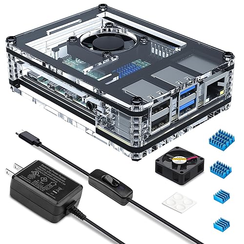Miuzei Case for Raspberry Pi 4 with Fan Cooling Pi 4B Case with 5V 3A Power Supply, 4 pcs Aluminum Heatsinks Support Pi 4 Model B 8gb/4gb