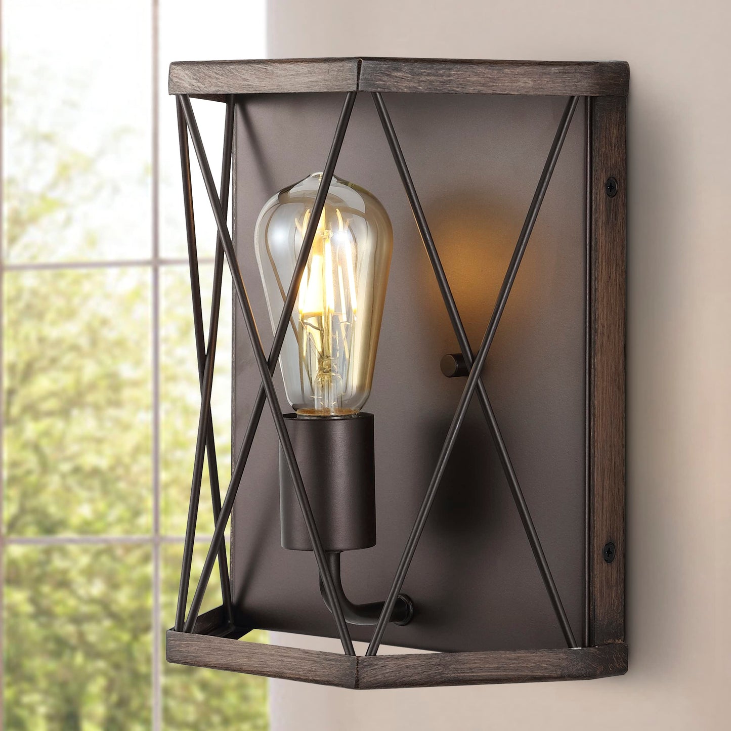JONATHAN Y 8.25" Wood Finished/Oil Rubbed Bronze 1-Light Iron Sconce, Rustic Farmhouse X-Frame Wall Lantern for Entryway Hallway, Modern Industrial