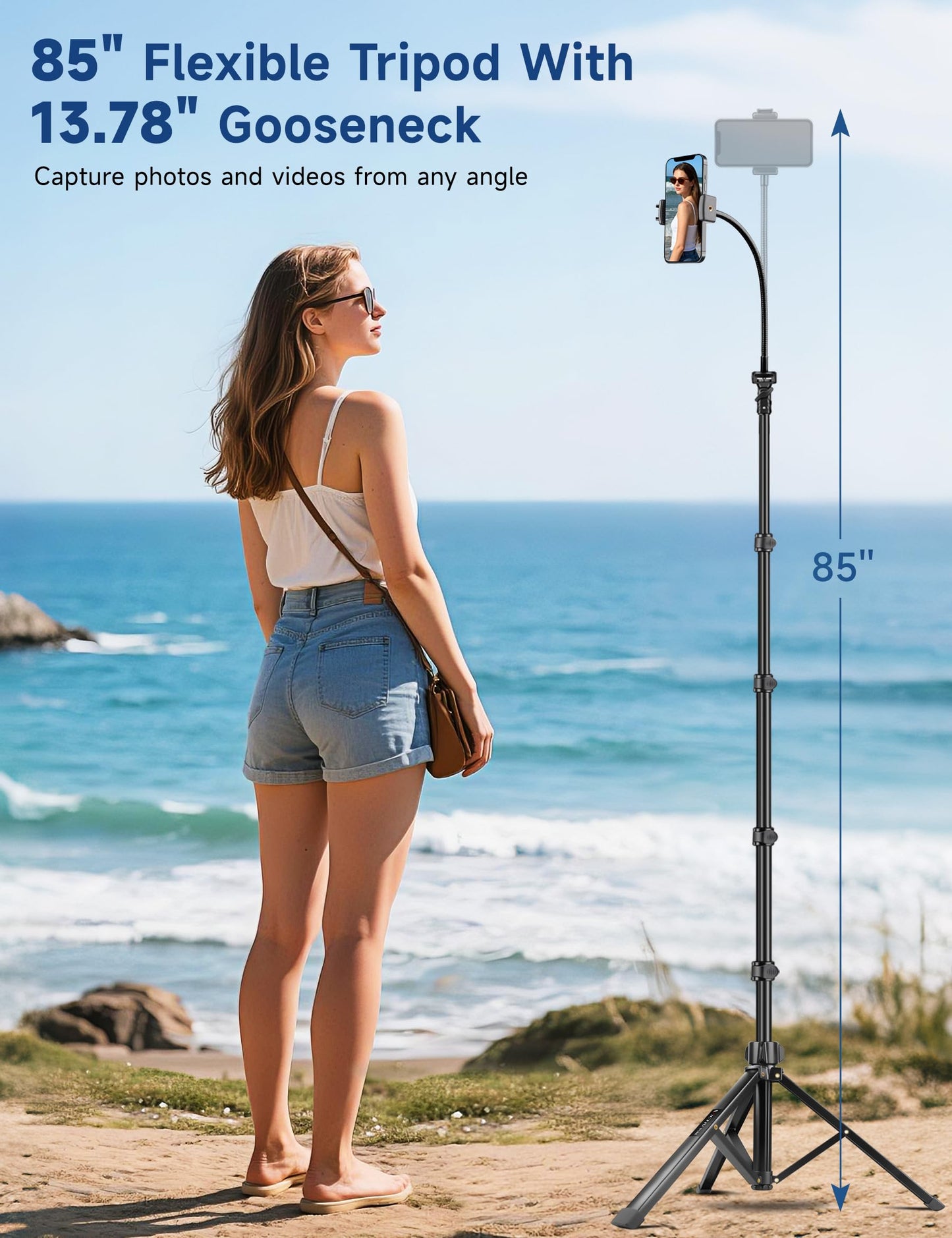 Phone Tripod Stand, 85" Tall Cellphone Tripod for iPhone with Gooseneck Remote, Flexible Portable Phone Stand for Recording, Compatible with iPhone 14