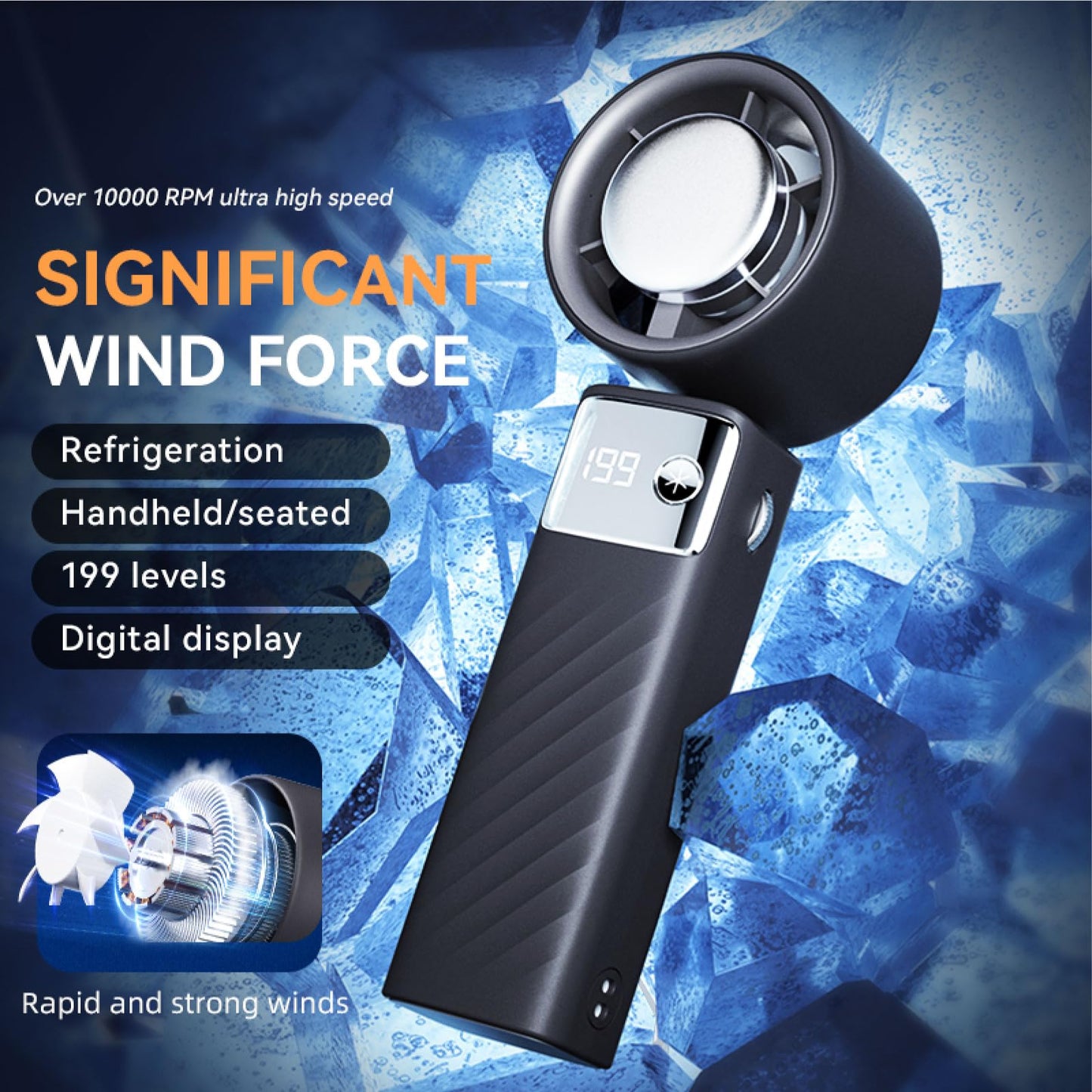 Handheld turbofan, battery driven, 199 speed, running time of 20 hours, air turbine technology cooling, including cooler, suitable for outdoor
