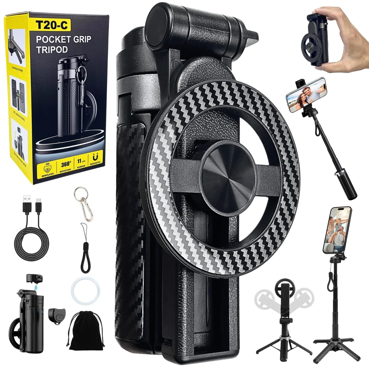 4-in-1 Magnetic Selfie Stick Tripod - 360° Rotation, Bluetooth Remote, Compact Travel Vlog Phone Holder for iPhone