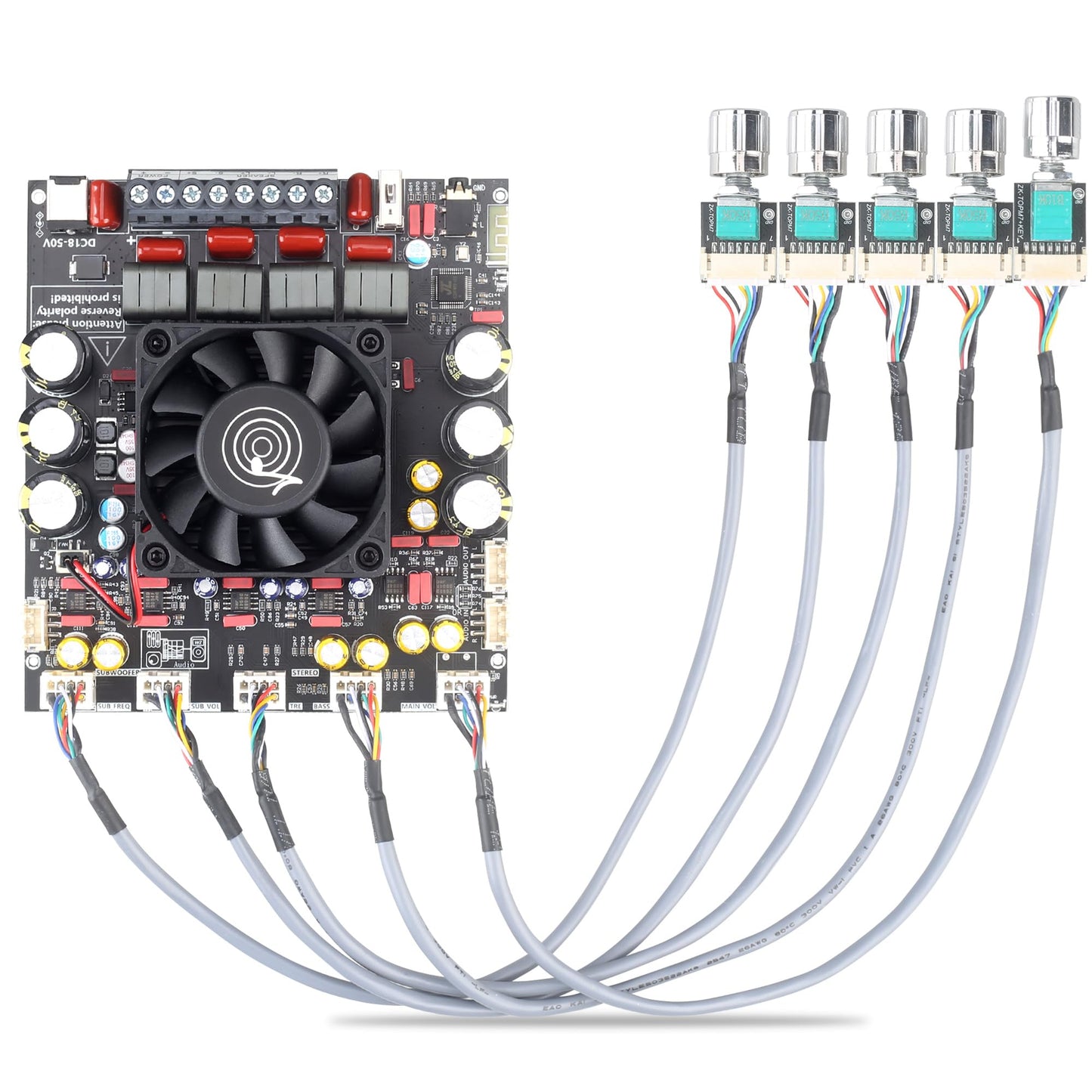 Wuzhi Audio ZK-AS21P Bluetooth Amplifier Board - 300W+300W+600W Output, 18-50V DC Wide Voltage Input, Vehicle Amplifier (External Potentiator)