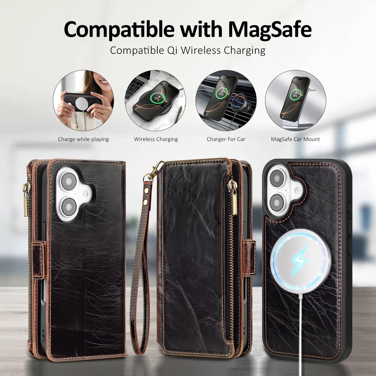 Antsturdy Compatible with Magsafe Magnetic 2 in 1 Detachable iPhone 16 Wallet Case with Credit Card Holder Slots,PU Leather Flip RFID Blocking Phone