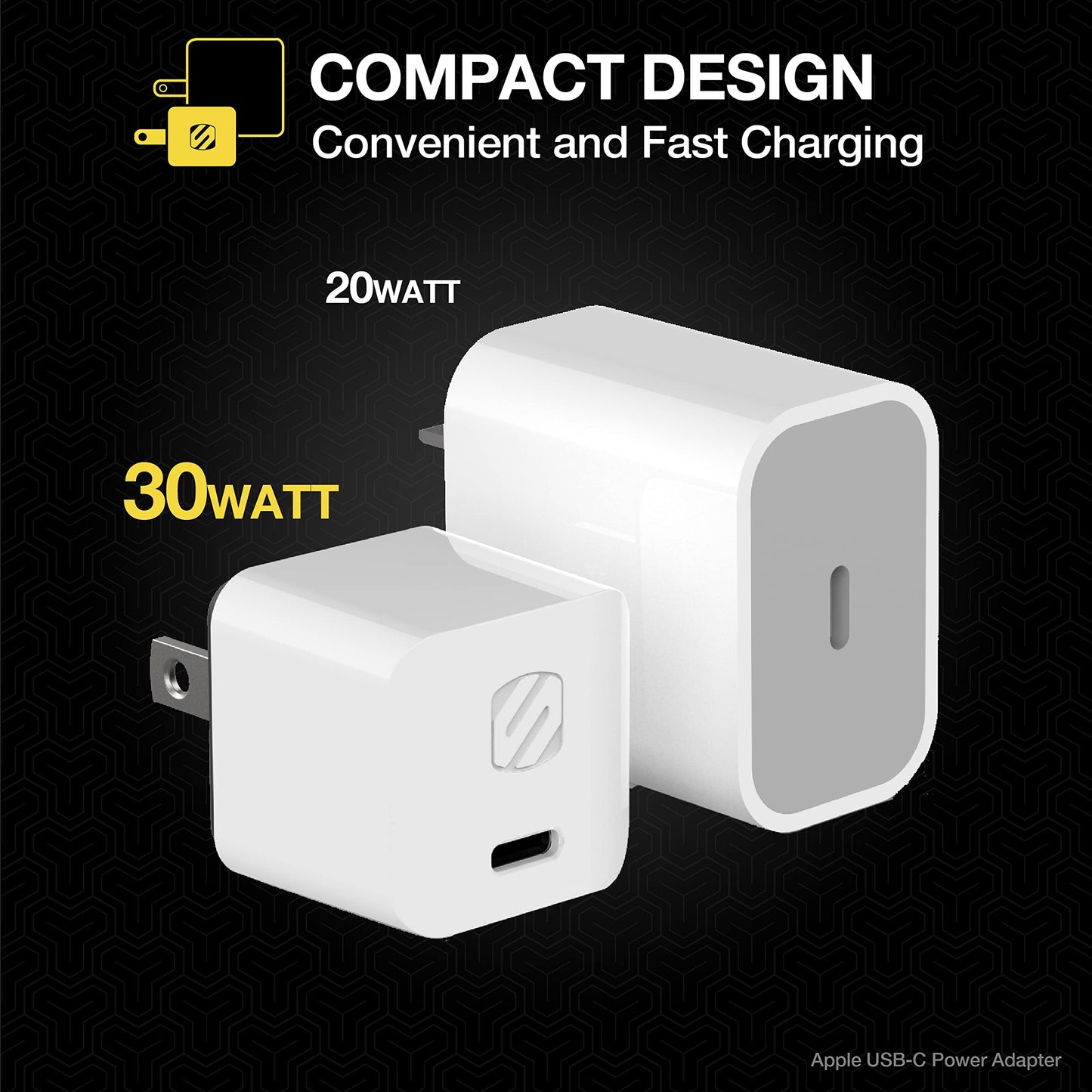 Scosche PowerVolt PD30 USB-C 30W Mini Adapter Plug, Power Delivery 3.0 Home Wall Charger with 8 FT Long Type-C to Lightning Fast Charging Cable, Block