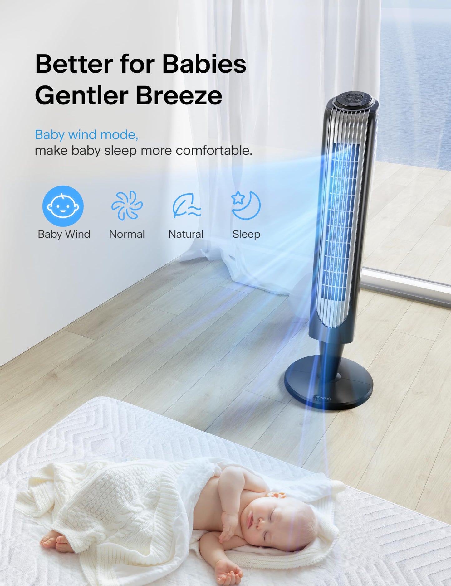 Pelonis 36-Inch Tower Fan for Bedroom - Oscillating Tower Fan with Remote Control - Indoor Quiet Fan with 3 Speeds, 4 Modes and 15-Hour Timer - ETL