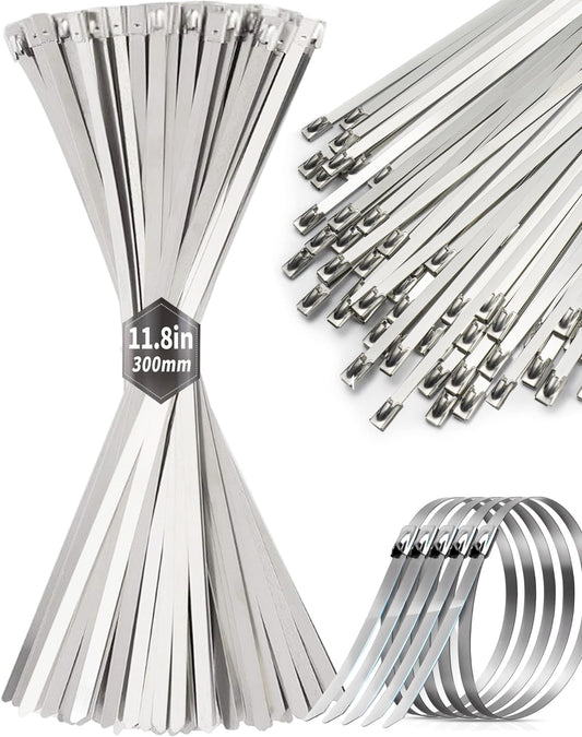 100Pcs Metal Zip Ties 11.8 inch 304 Stainless Steel Zip Ties, Heavy Duty Multi-Purpose Self-locking Metal Cable Ties for Machinery, Vehicles, Exhaust