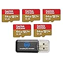 SanDisk 64GB Extreme MicroSDXC Memory Card (5 Pack) Works with DJI Drone Series Mini 4 Pro (SDSQXAA-064G-GN6MN) V30 A2 4K UHD UHS-I Bundle with (1)