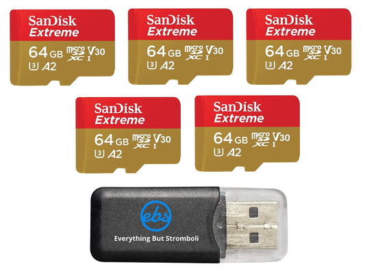 SanDisk 64GB Extreme MicroSDXC Memory Card (5 Pack) Works with DJI Drone Series Mini 4 Pro (SDSQXAA-064G-GN6MN) V30 A2 4K UHD UHS-I Bundle with (1)