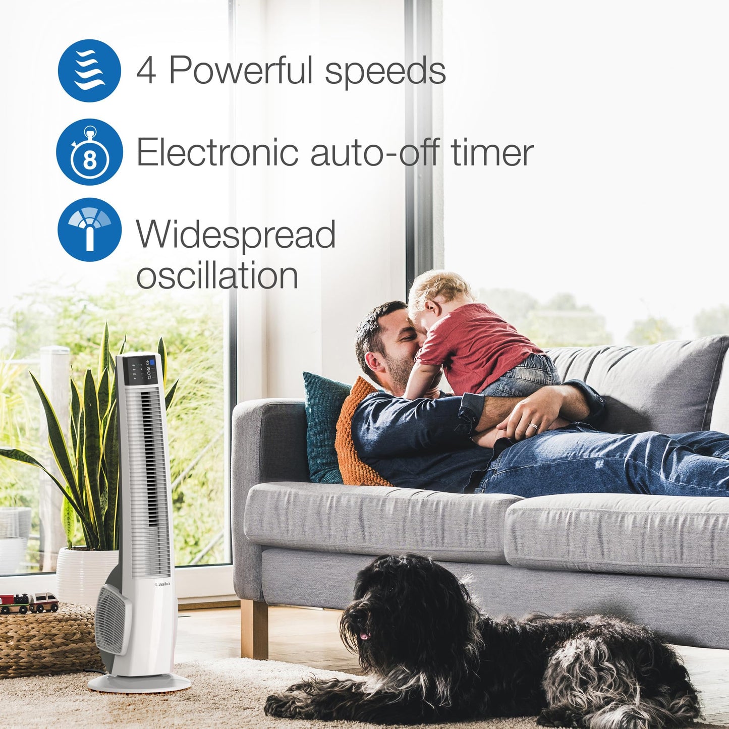 Lasko Oscillating Tower Fan with Remote Control - Tower Fan for Bedroom & Office, 4 Quiet Speeds, 38" White, T38400