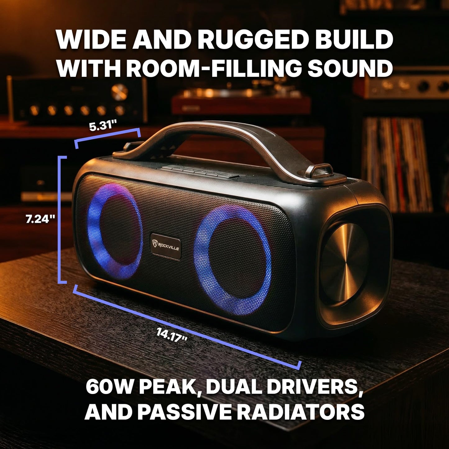 Rockville Go Party D4 30W Portable LED Bluetooth Speaker, Deep Bass, IPX5 Water Resistant, TWS Linking, Long Battery Life, Perfect for Parties