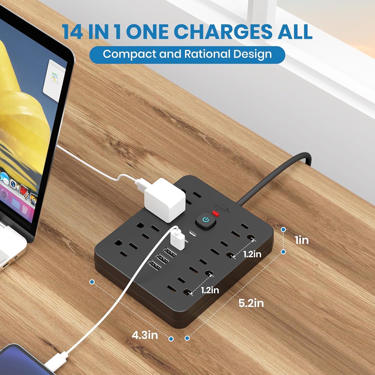JouleLoom Power Strip Surge Protector with 8 Outlets, 4 USB and 2 USB C Ports, 5 Ft Extension Cord, Flat Plug, Wall Mount, Overload Protection Desk