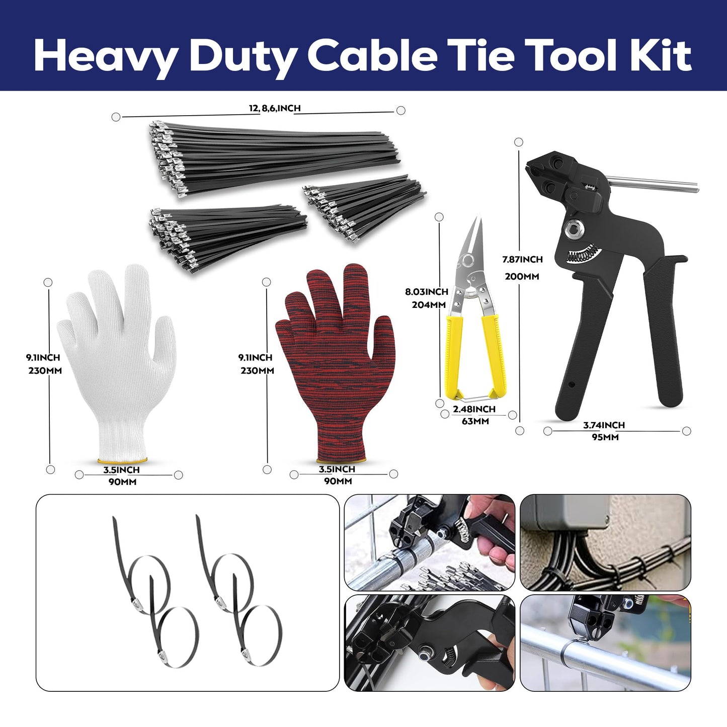 Stainless Steel Zip Ties Kit, 300 PCS - 11.8", 8", 6" 304 Epoxy Coated Metal Cable Ties with Gun, Scissors, Tie Remover, Gloves, Storage Bag